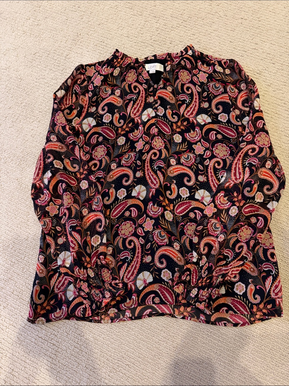 LOFT Black Paisley Long-Sleeve Blouse with Pink and Coral Accents